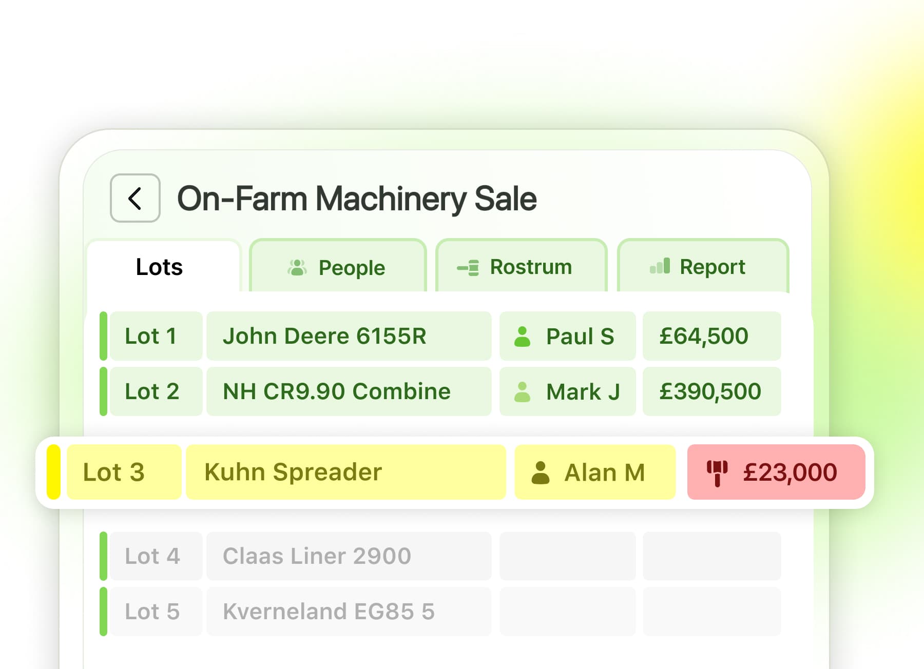 Live sale command center dashboard with real-time lot tracking and embedded payment links via PitchPay