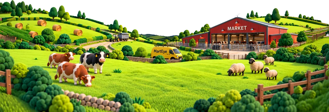 A toy-like farm landscape with a red market barn, a Starlink dish on the roof, a MartEye van, cattle, sheep and a tractor